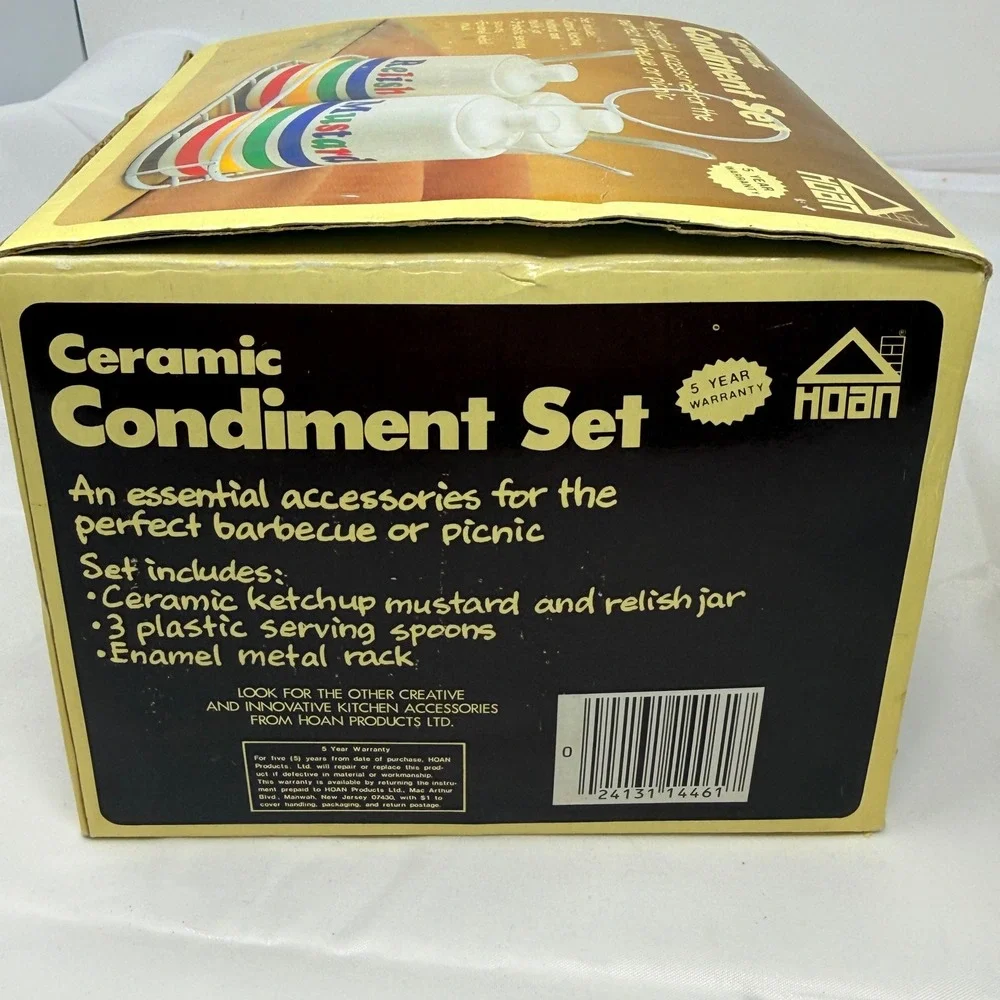 VTG HOAN Ceramic MCM Condiment Set Relish Ketchup Mustard‎ Jars 3pc Enamel Rack